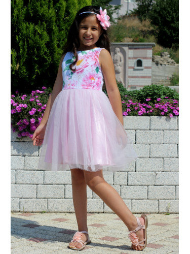 Детска официална рокля с цветя и тюл в розово 646933