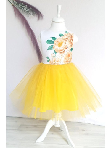 Детска официална рокля с цветя и тюл в жълто 646289