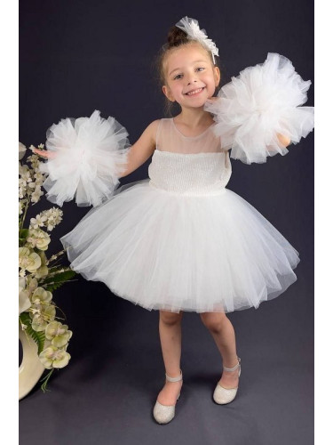 Официална детска рокля Блян без ръкав с блясък и с богат тюл в бяло от