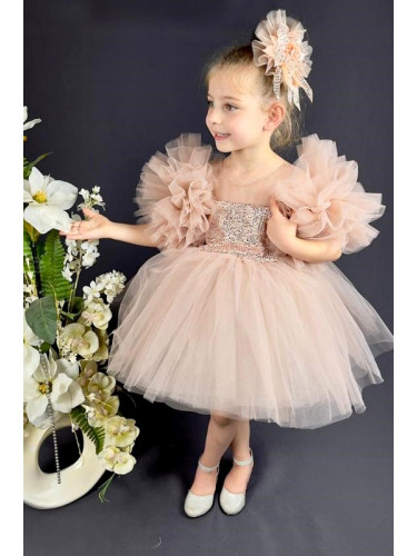 Официална детска рокля Блян с богат тюл в прасковено и панделка за кос