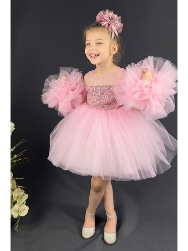 Официална детска рокля Блян с богат тюл в розово с блясък и панделка з