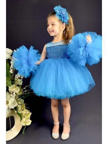 Официална детска рокля Блян с богат тюл в светлосиньо с блясък и панде