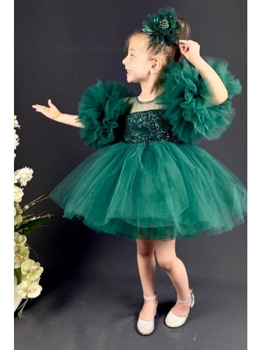 Официална детска рокля Блян с богат тюл в тъмнозелено с блясък и панде