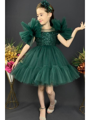 Официална детска рокля с тюл и пайети с помпони в зелено и панделка з