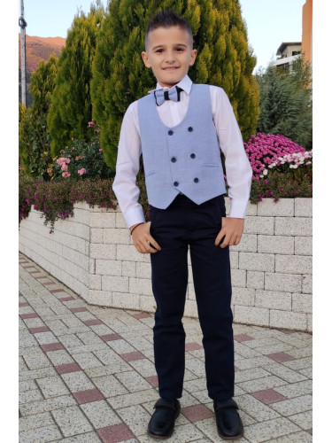 Официален костюм за момче с елек в синьо, риза в бяло, панталон и папи