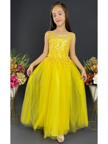 Официална детска дълга рокля в жълто с тюл без ръкав 