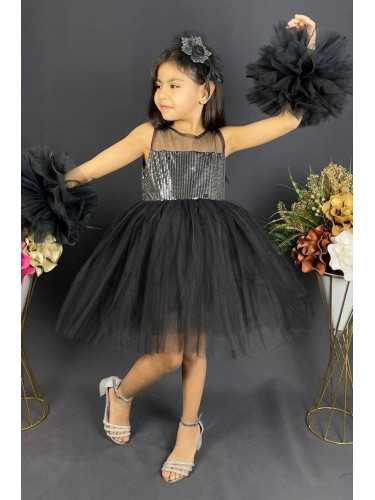 Официална детска рокля Блян с богат тюл в черно с блясък и панделка за