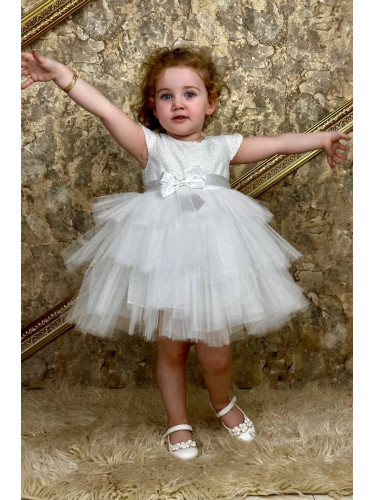 Официална детска рокля с къс ръкав в бяло на пластове с панделка Хава