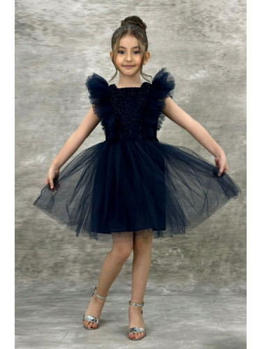 Официална детска рокля в тъмносиньо с тюл с къс ръкав