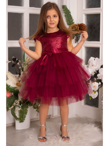 Детска официална рокля Хава в бордо от пайети и тюл на пластове от ко