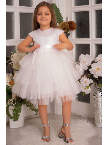 Детска официална рокля Хава в бяло от пайети и тюл на пластове от коле