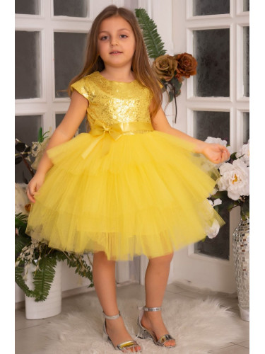 Детска официална рокля Хава в жълто от пайети и тюл на пластове