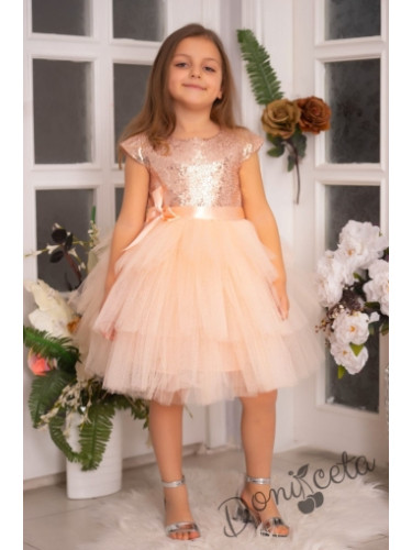 Детска официална рокля Хава в прасковено от пайети и тюл на пластове