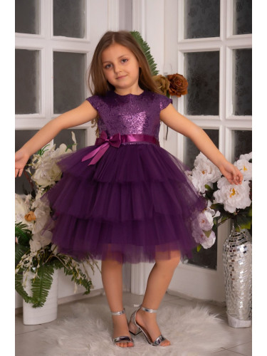 Детска официална рокля Хава в тъмнолилаво от пайети и тюл на пластове