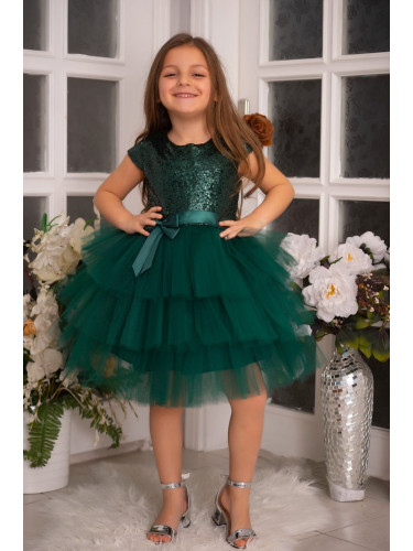 Детска официална рокля Хава в тъмнозелено от пайети и тюл на пластове