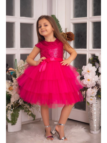 Детска официална рокля Хава в цвят циклама от пайети и тюл на пластове