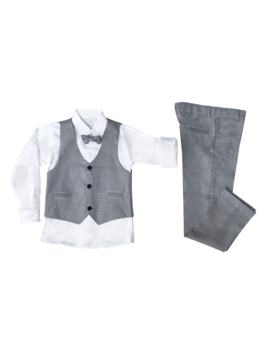 Официален костюм за момче от елек в сиво, риза в бяло, панталон и папи