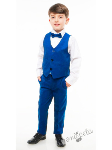 Официален костюм за момче от елек в синьо, риза в бяло, панталон и пап
