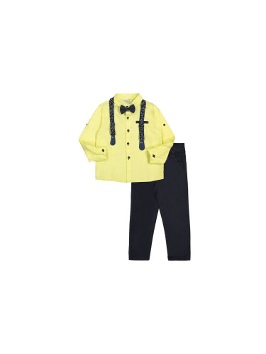 Детски комплект от панталон в тъмносиньо, риза в жълто, папийонка и ти