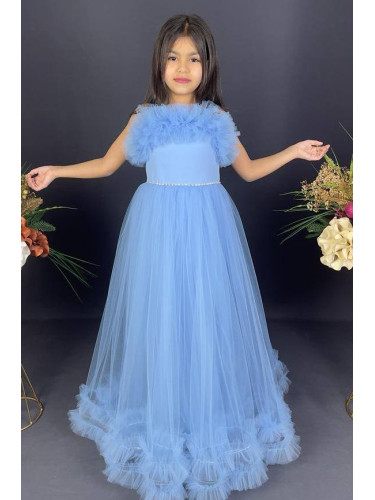 Официална детска дълга рокля Аделина в светлосиньо с тюл без ръкав и х
