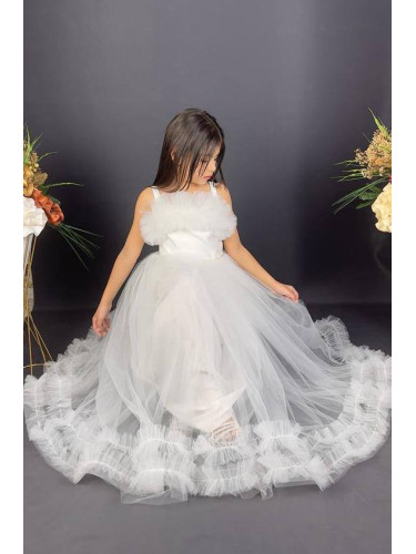 Официална детска дълга рокля Аделина в бяло с тюл без ръкав и харбала 