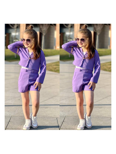 Детски комплект за момиче в лилаво от къси панталонки с джобчета, късо