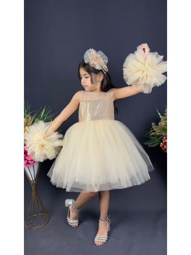 Официална детска рокля Блян с богат тюл в златисто с помпони и панделк