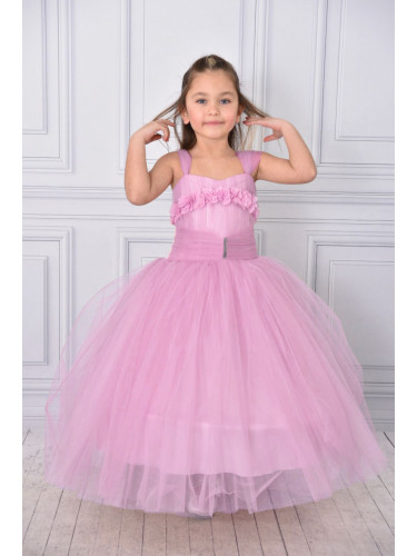 Официална дълга детска рокля в розово без ръкав от тюл с блясък с обръ