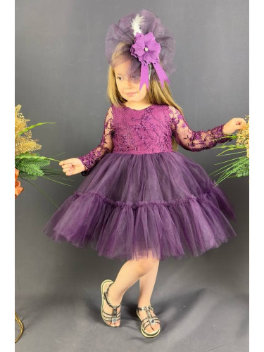 Празнична детска рокля Тера с дълъг ръкав от дантела и тюл в тъмнолил