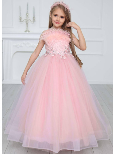 Официална детска дълга рокля в розово без ръкав с диадема и обръч отдо