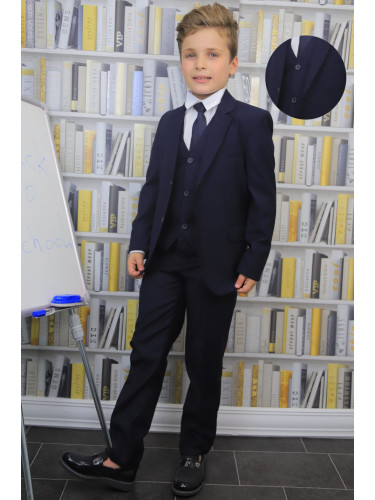 Официален костюм за момче от 5 части в тъмносиньо с вратовръзка от кол