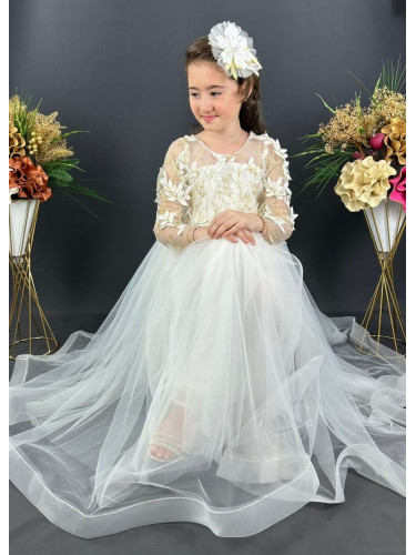 Официална дълга детска рокля в екрю с дълъг ръкав от тюл и 3D листа Ша