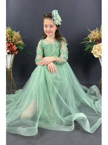 Официална дълга детска рокля в светлозелено с дълъг ръкав от тюл и 3D 