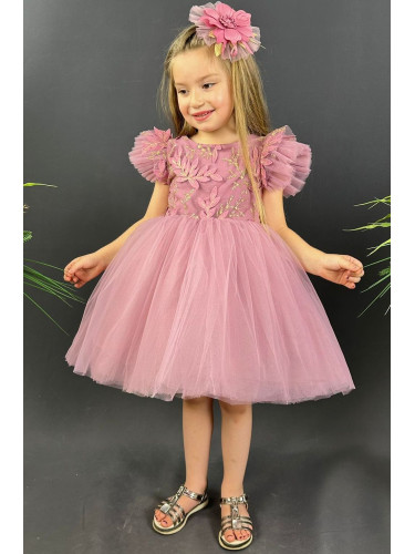 Официална детска рокля Шарлот в пепел от рози с къс ръкав с тюл, 3D ли