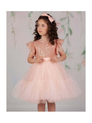 Официална рокля Анаис в прасковено с пайети и тюл с къс ръкав