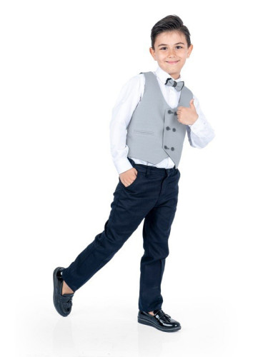 Детски костюм за момче от 4 части в елек в сиво и панталон в тъмносинь