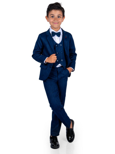 Официален костюм за момче от 5 части в тъмносиньо с двуредово закопчав