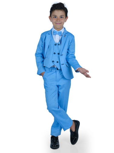 Официален костюм за момче от 5 части в светлосиньо с двуредово закопча
