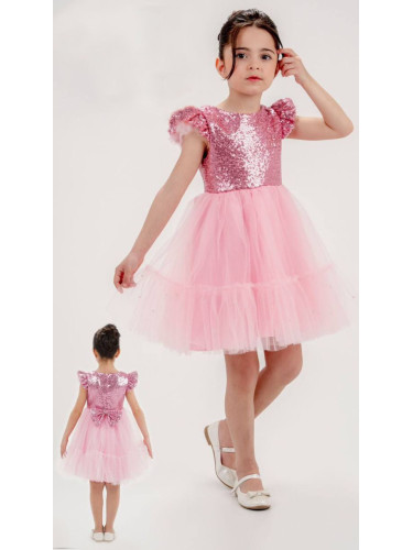 Детска официална рокля Холи в розово от пайети и тюл с харбала в долна