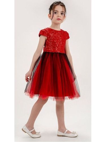 Детска официална рокля Бианка в червено с пайети отгоре и тюл пола с ч