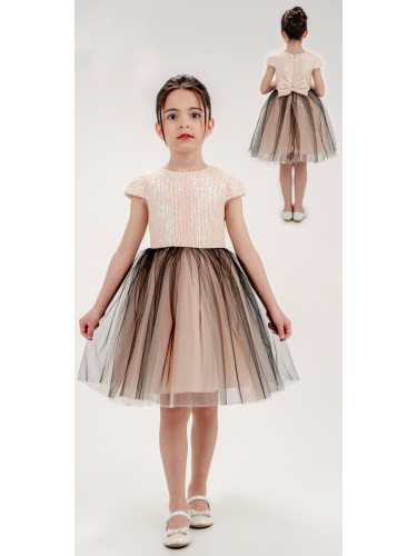 Детска официална рокля Бианка в прасковено с пайети отгоре и тюл пола 