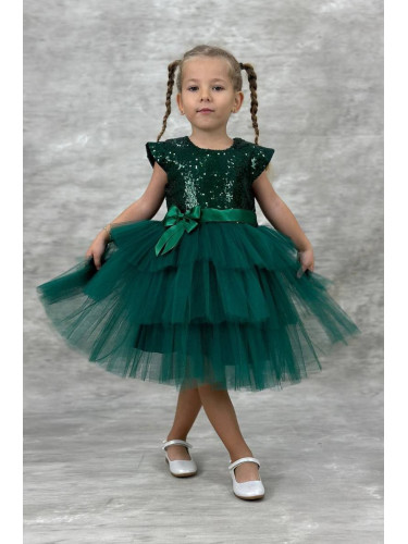 Детска официална рокля Хава в тъмнозелено от пайети и тюл на 3 пласта