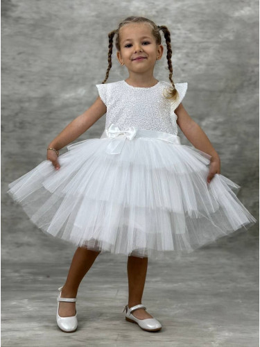 Детска официална рокля Хава в бяло от пайети и тюл на 3 пласта