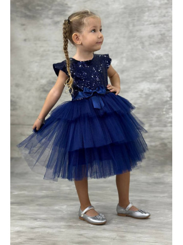 Детска официална рокля Хава в тъмносиньо от пайети и тюл на 3 пласта о