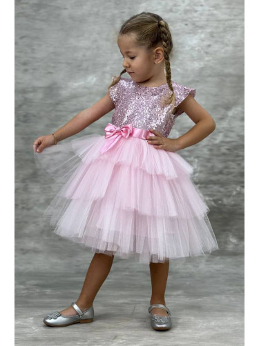 Детска официална рокля Хава в пепел от рози от пайети и тюл на 3 пласт