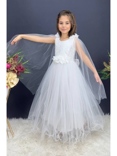 Официална дълга детска рокля от тюл Денис с 3D цветя и елементи в горн