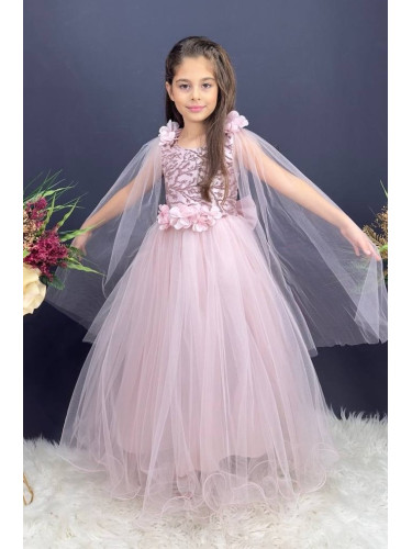 Официална дълга детска рокля от тюл Денис с 3D цветя и елементи в горн