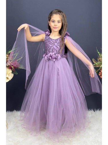 Официална дълга детска рокля от тюл Денис с 3D цветя и елементи в горн