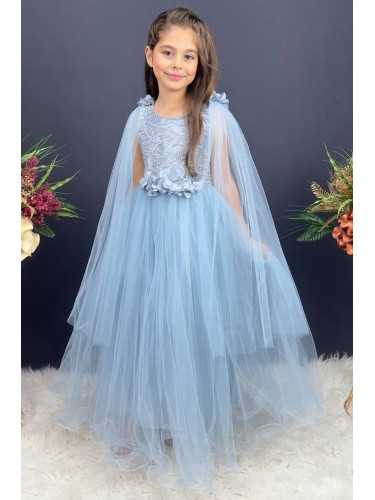 Официална дълга детска рокля от тюл Денис с 3D цветя и елементи в горн