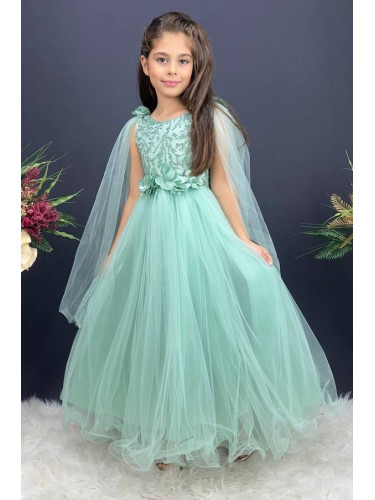 Официална дълга детска рокля от тюл Денис с 3D цветя и елементи в горн